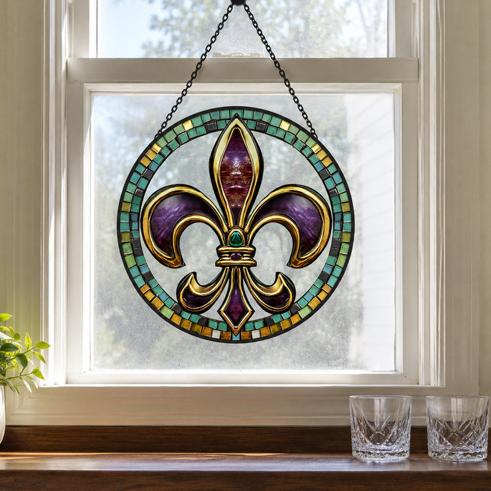 Iris symbol stained glass suncatcher window hanging, suitable for home and garden decoration
