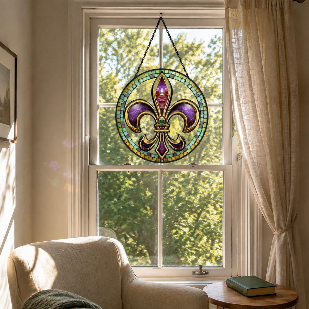 Iris symbol stained glass suncatcher window hanging, suitable for home and garden decoration