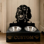 Personalized irish setter metal dog bowl stand with custom name cutout and two removable feeding bowls