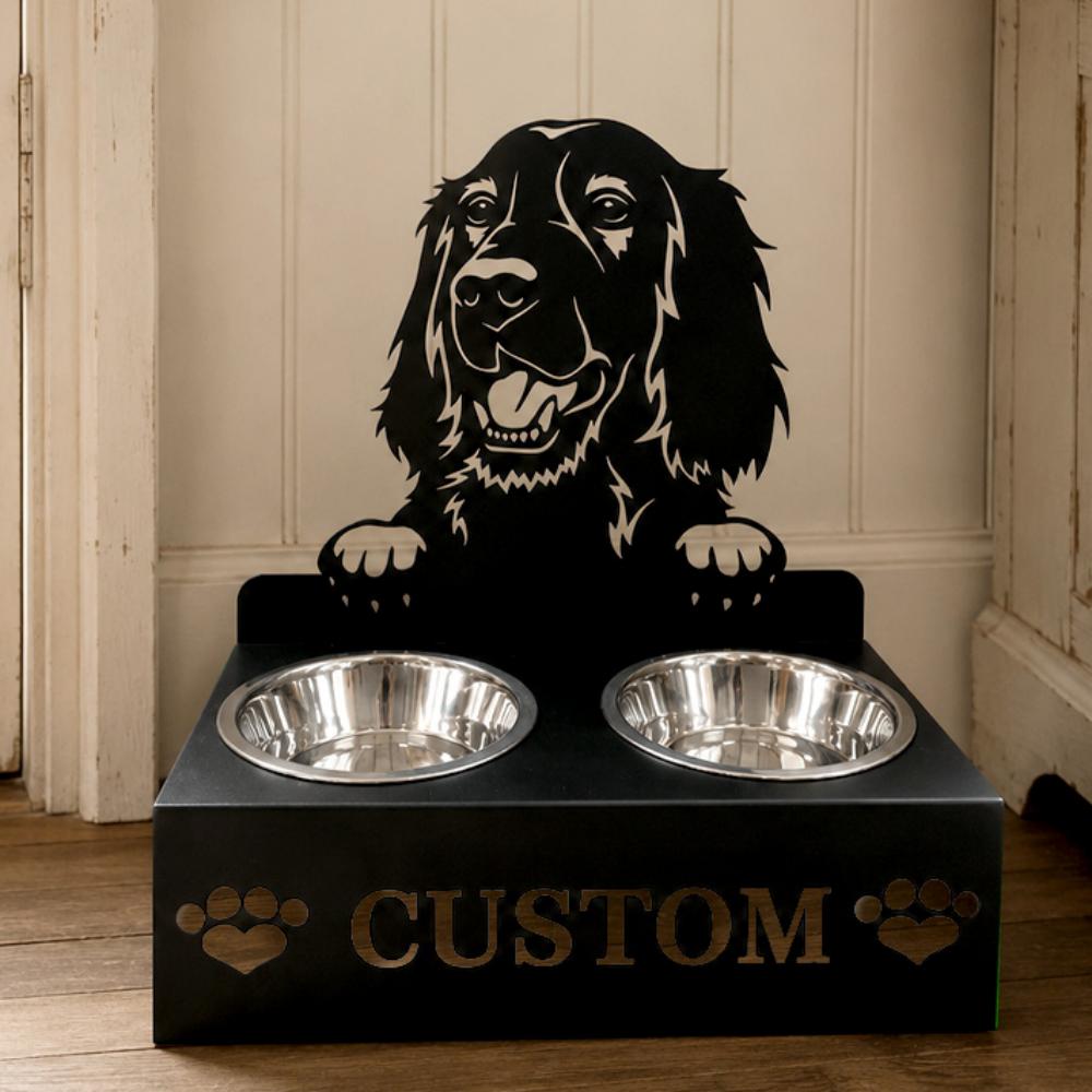 Personalized irish setter metal dog bowl stand with custom name cutout and two removable feeding bowls
