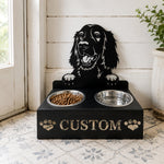 Personalized irish setter metal dog bowl stand with custom name cutout and two removable feeding bowls