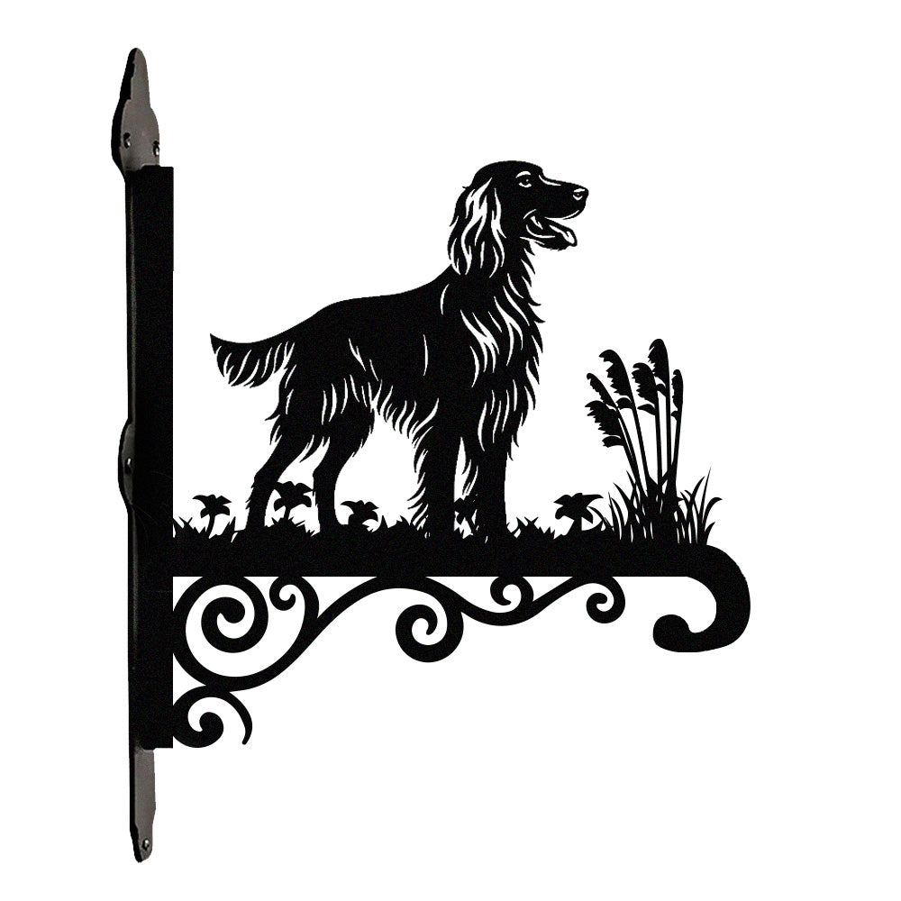 Irish setter metal hanging basket bracket mounted on outdoor wall for plant decoration