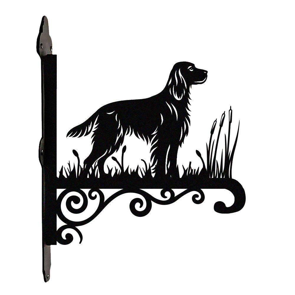 Irish setter metal hanging basket bracket mounted on outdoor wall for plant decoration
