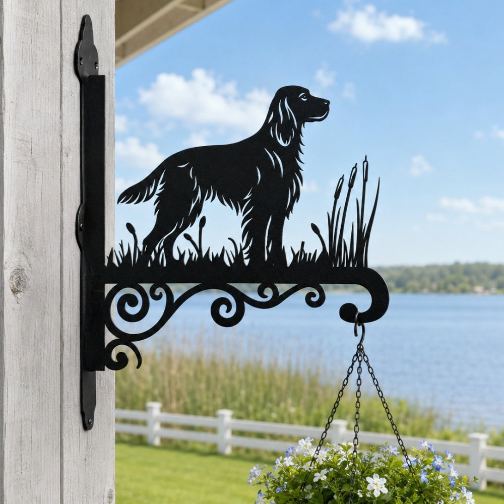 Irish setter metal hanging basket bracket mounted on outdoor wall for plant decoration