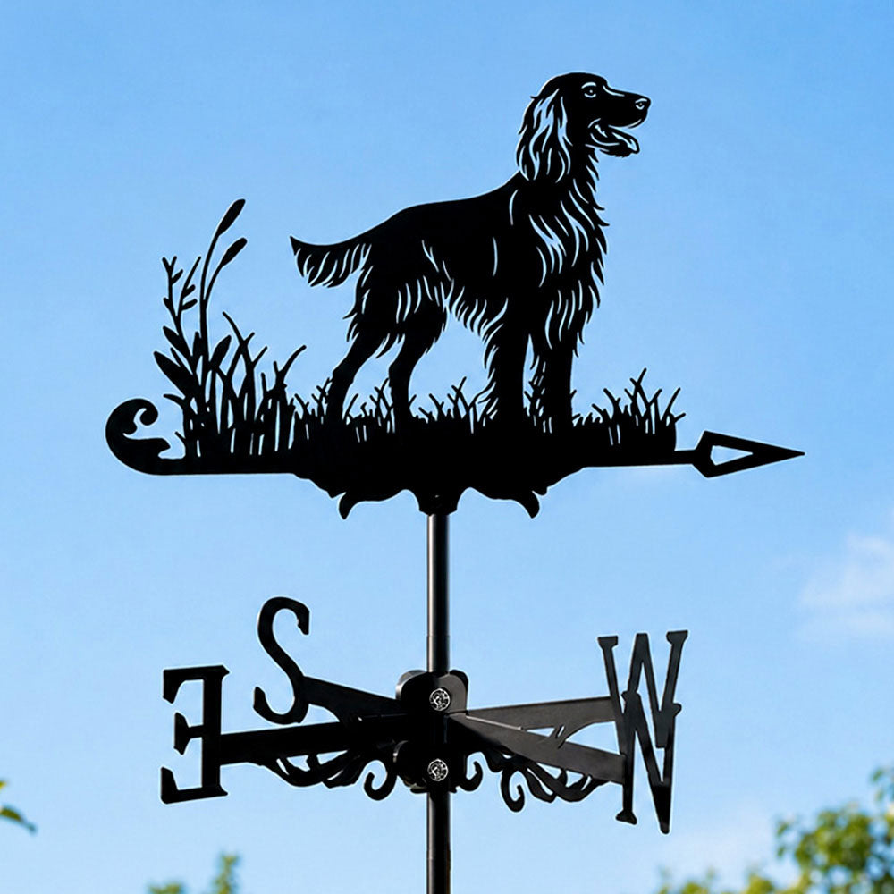 Irish Setter metal weather vane with directional arrows and mounting rod, outdoor roof and garden decoration