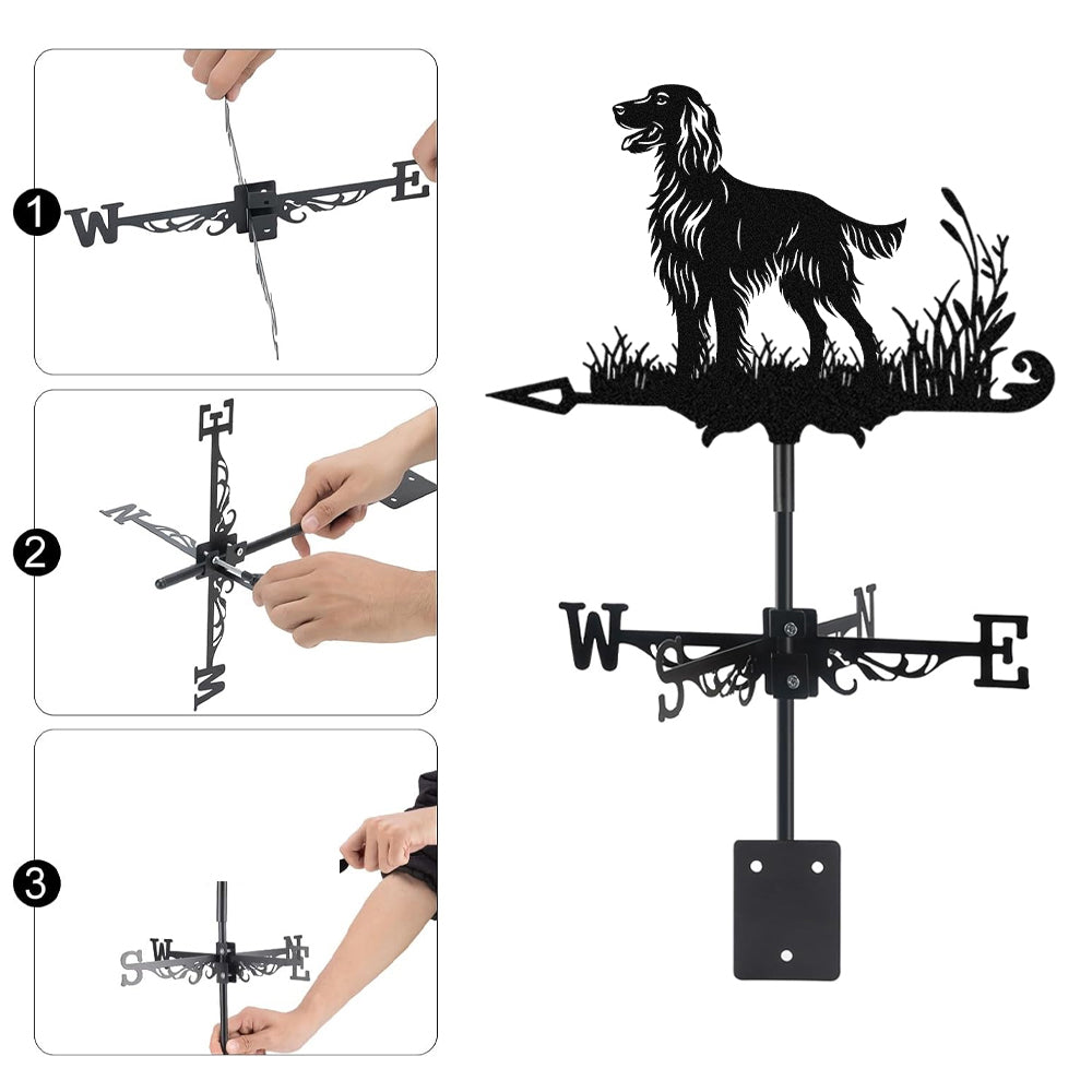 Irish Setter metal weather vane with directional arrows and mounting rod, outdoor roof and garden decoration