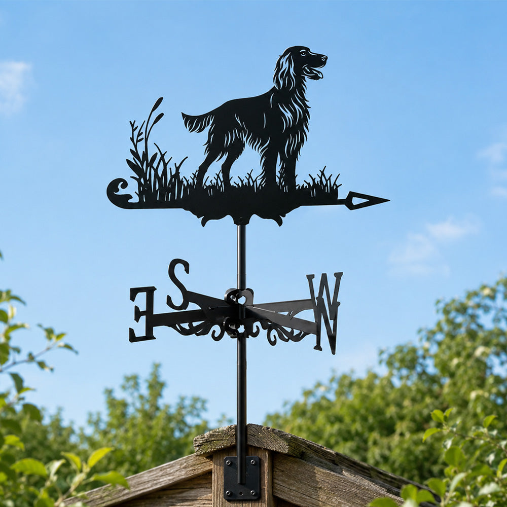 Irish Setter metal weather vane with directional arrows and mounting rod, outdoor roof and garden decoration