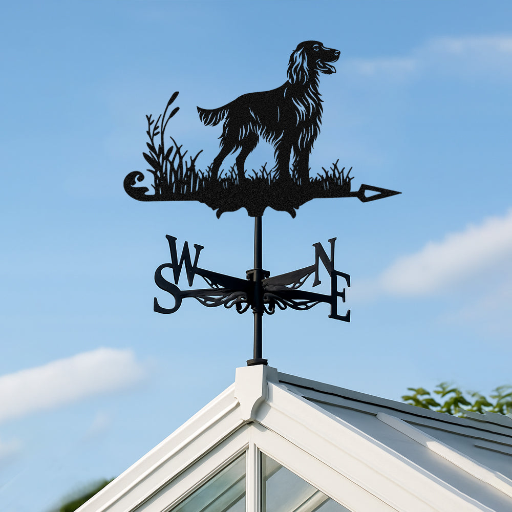 Irish Setter metal weather vane with directional arrows and mounting rod, outdoor roof and garden decoration