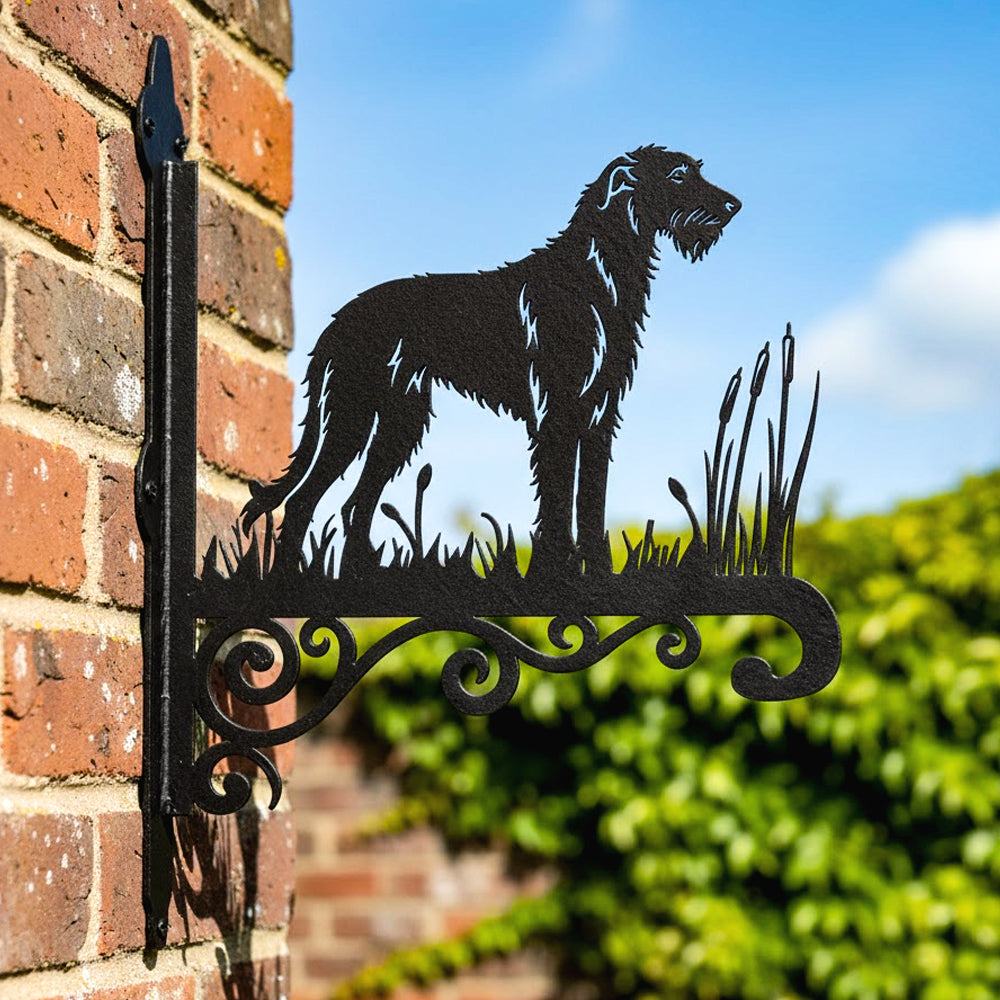 Irish wolfhound metal hanging basket bracket mounted on outdoor wall for plant decoration