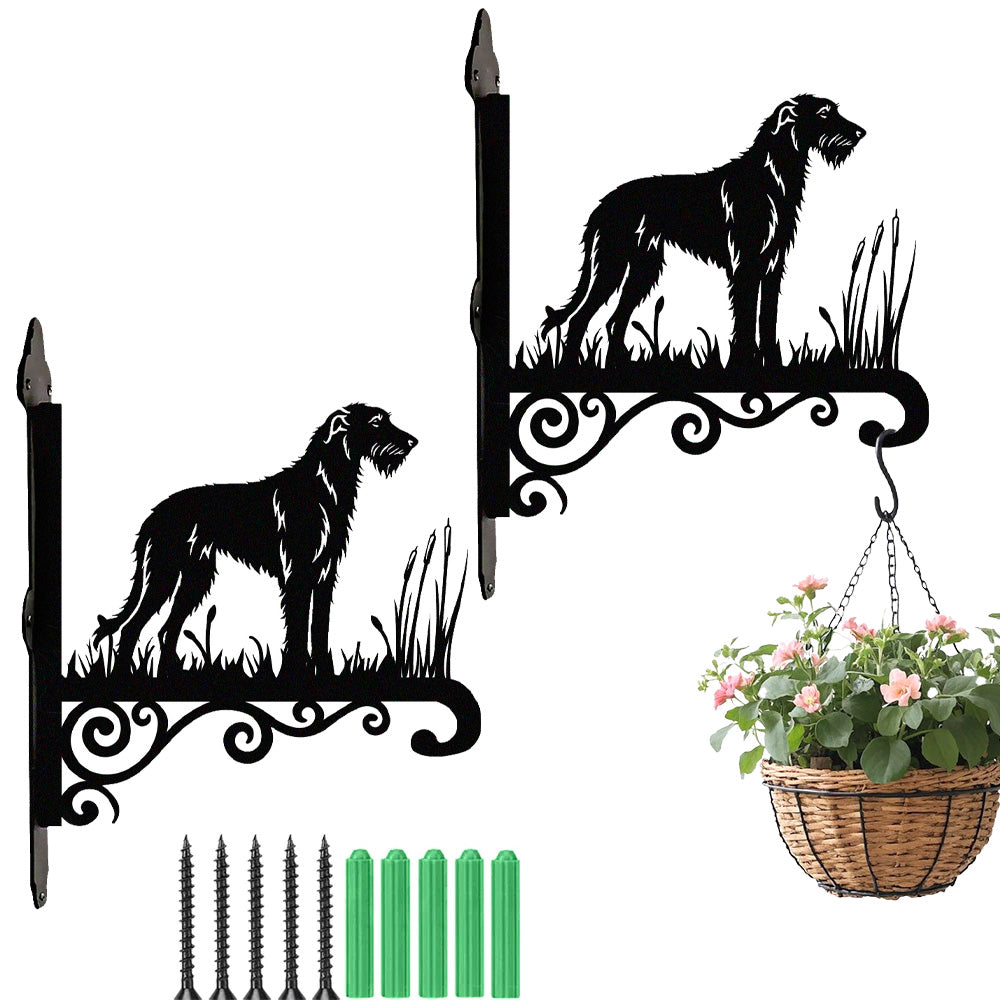 Irish wolfhound metal hanging basket bracket mounted on outdoor wall for plant decoration