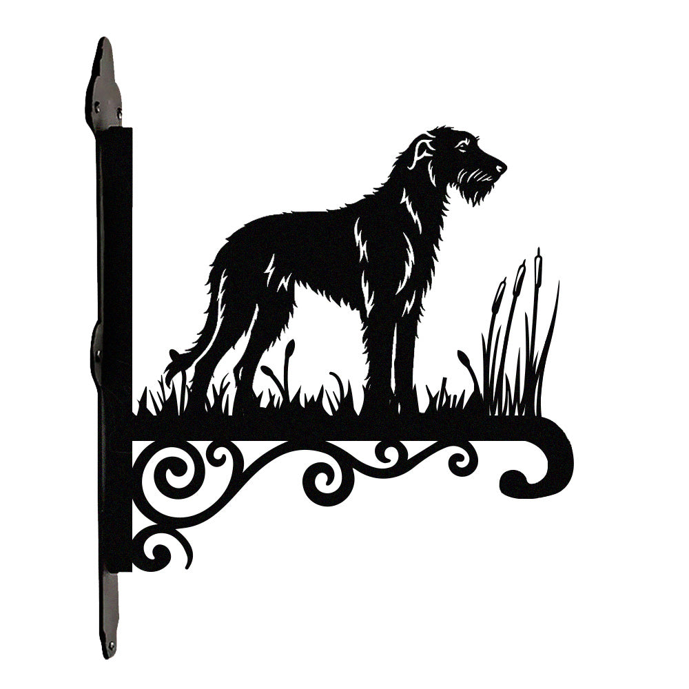 Irish wolfhound metal hanging basket bracket mounted on outdoor wall for plant decoration