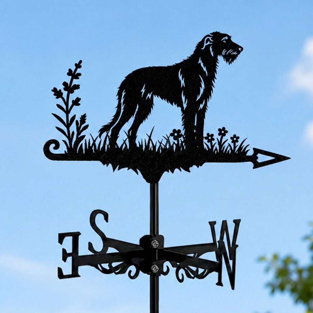 Irish Wolfhound metal weather vane with directional arrows and mounting rod, outdoor roof and garden decoration