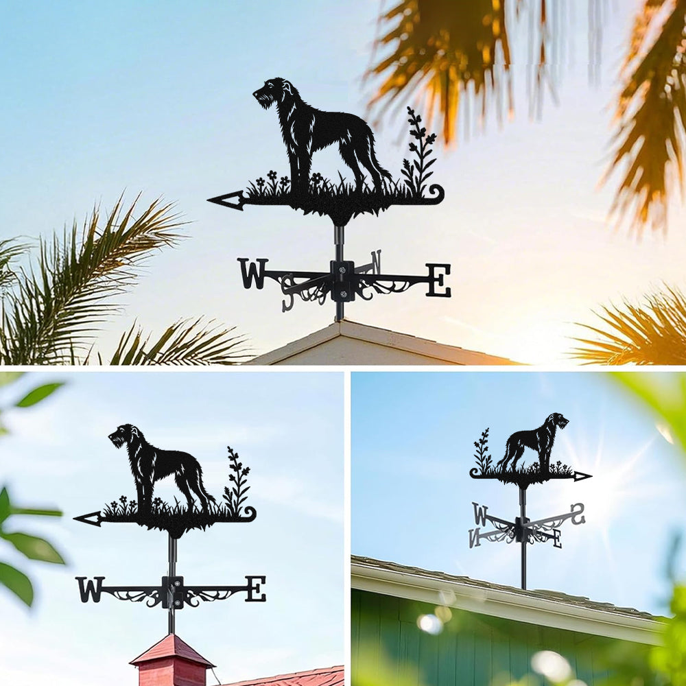 Irish Wolfhound metal weather vane with directional arrows and mounting rod, outdoor roof and garden decoration