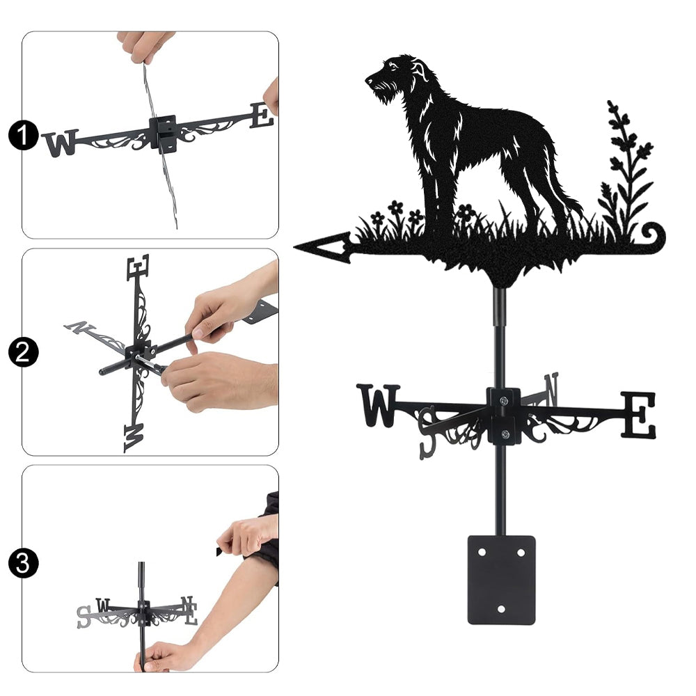 Irish Wolfhound metal weather vane with directional arrows and mounting rod, outdoor roof and garden decoration
