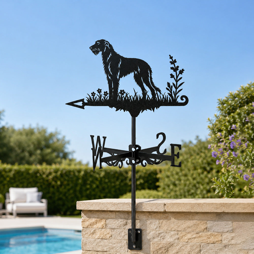 Irish Wolfhound metal weather vane with directional arrows and mounting rod, outdoor roof and garden decoration
