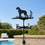 Irish Wolfhound metal weather vane with directional arrows and mounting rod, outdoor roof and garden decoration