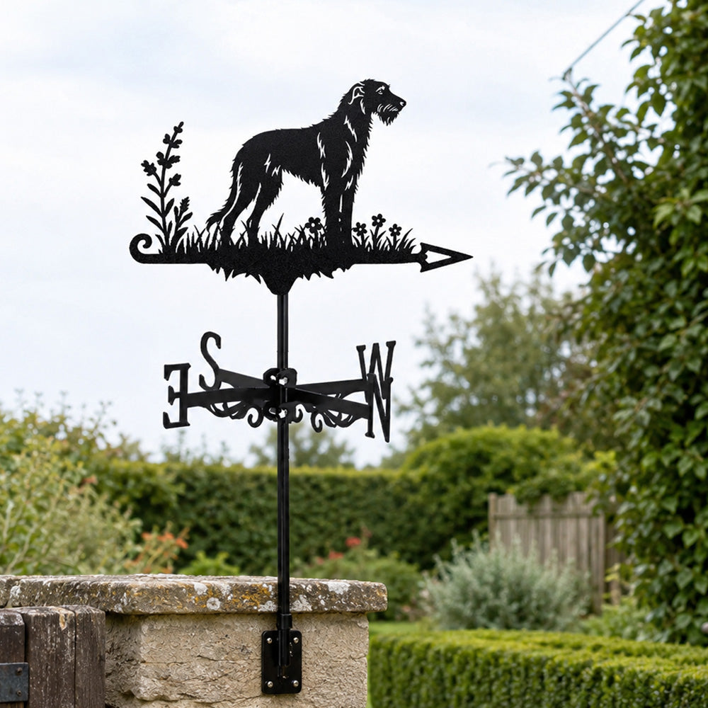 Irish Wolfhound metal weather vane with directional arrows and mounting rod, outdoor roof and garden decoration