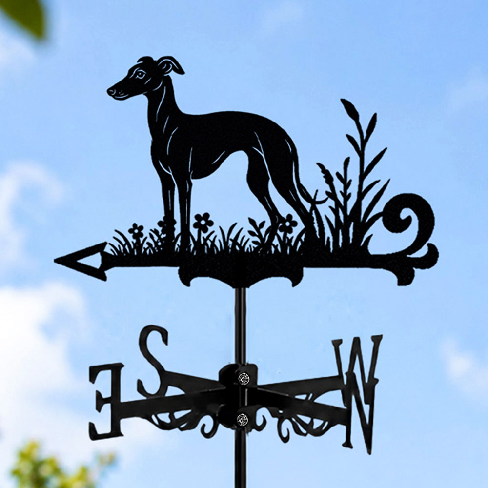 Italian Greyhound metal weather vane with directional arrows and mounting rod, outdoor roof and garden decoration