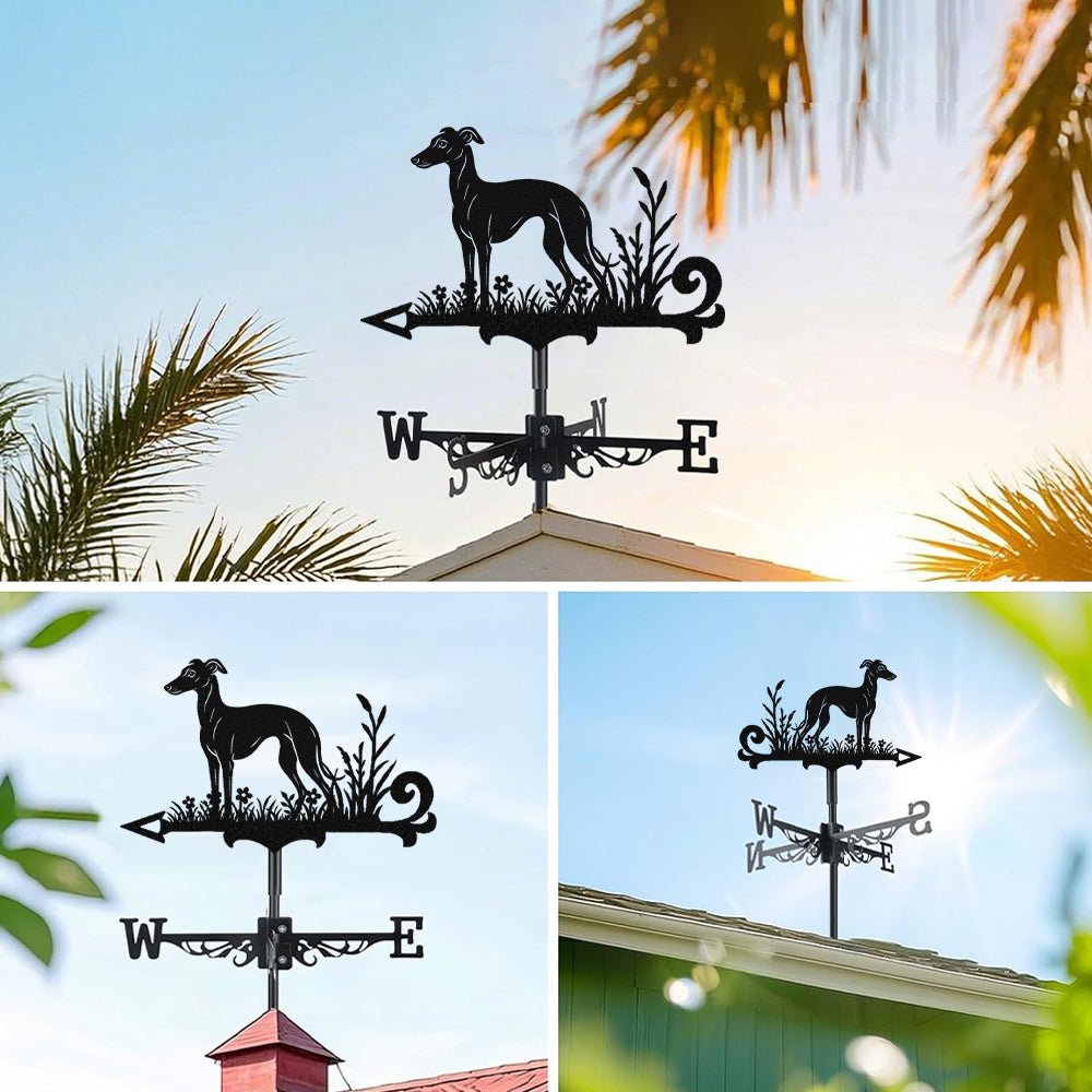 Italian Greyhound metal weather vane with directional arrows and mounting rod, outdoor roof and garden decoration