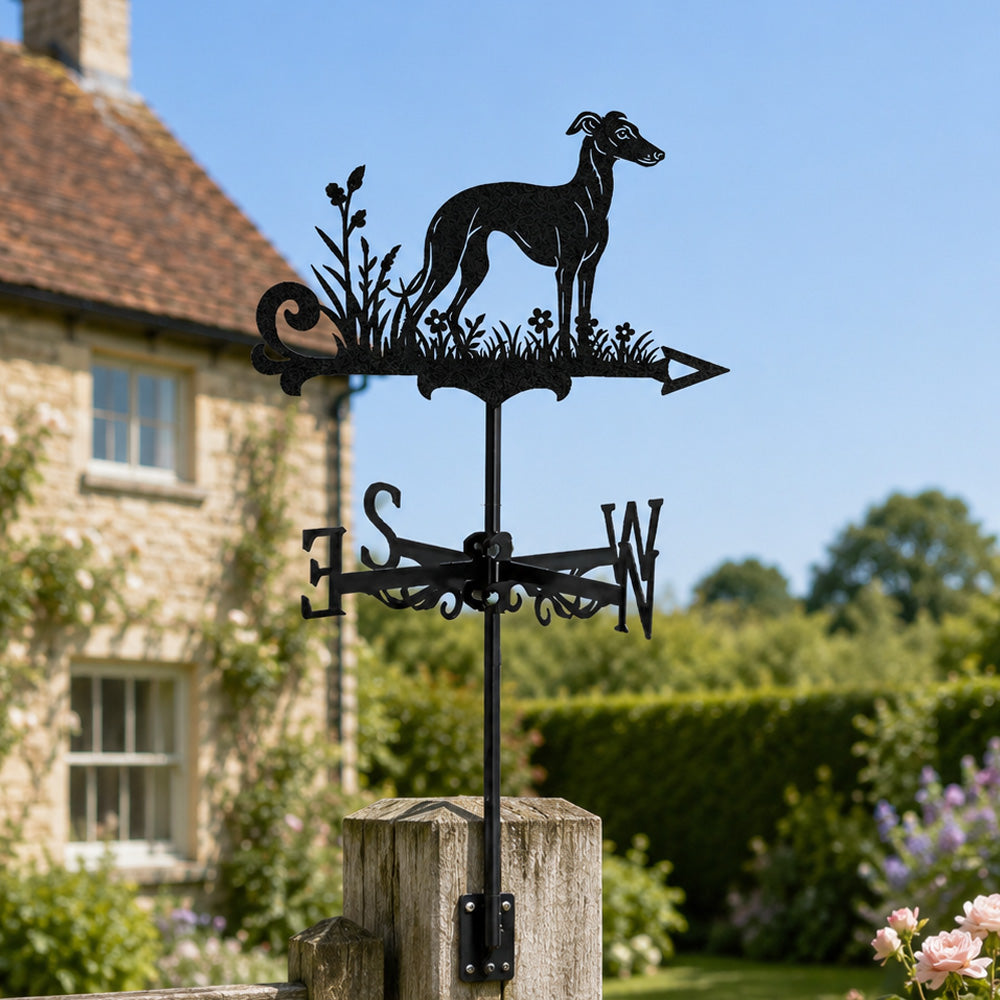 Italian Greyhound metal weather vane with directional arrows and mounting rod, outdoor roof and garden decoration