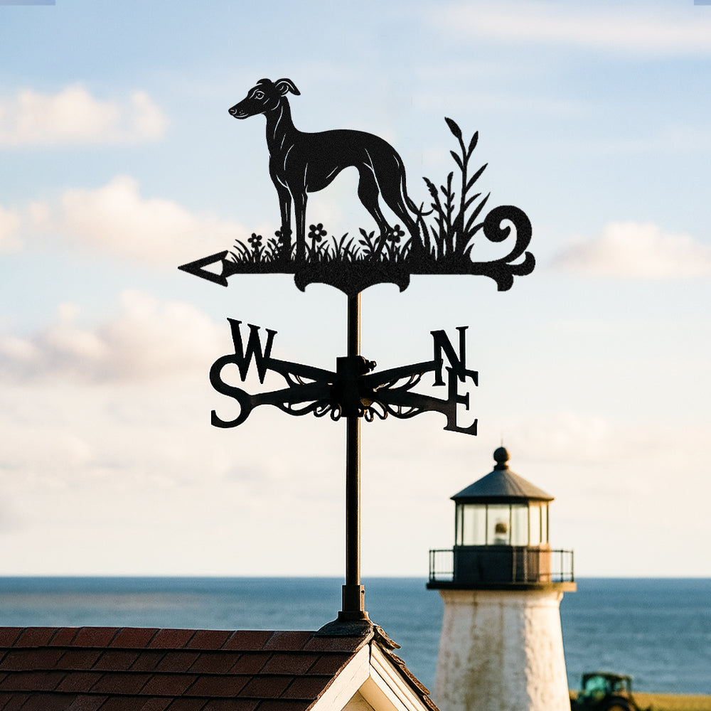 Italian Greyhound metal weather vane with directional arrows and mounting rod, outdoor roof and garden decoration
