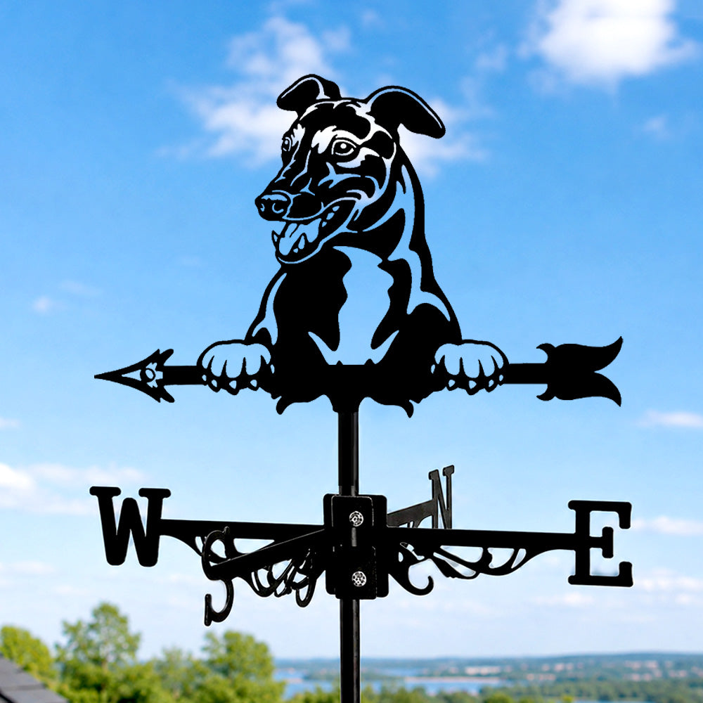 Italian greyhound metal weather vane with directional arrows and mounting rod, outdoor roof and garden decoration