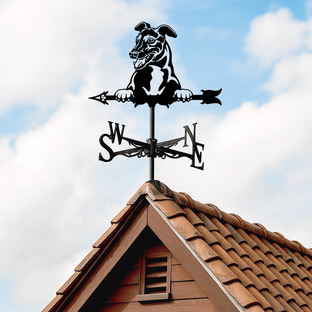 Italian greyhound metal weather vane with directional arrows and mounting rod, outdoor roof and garden decoration