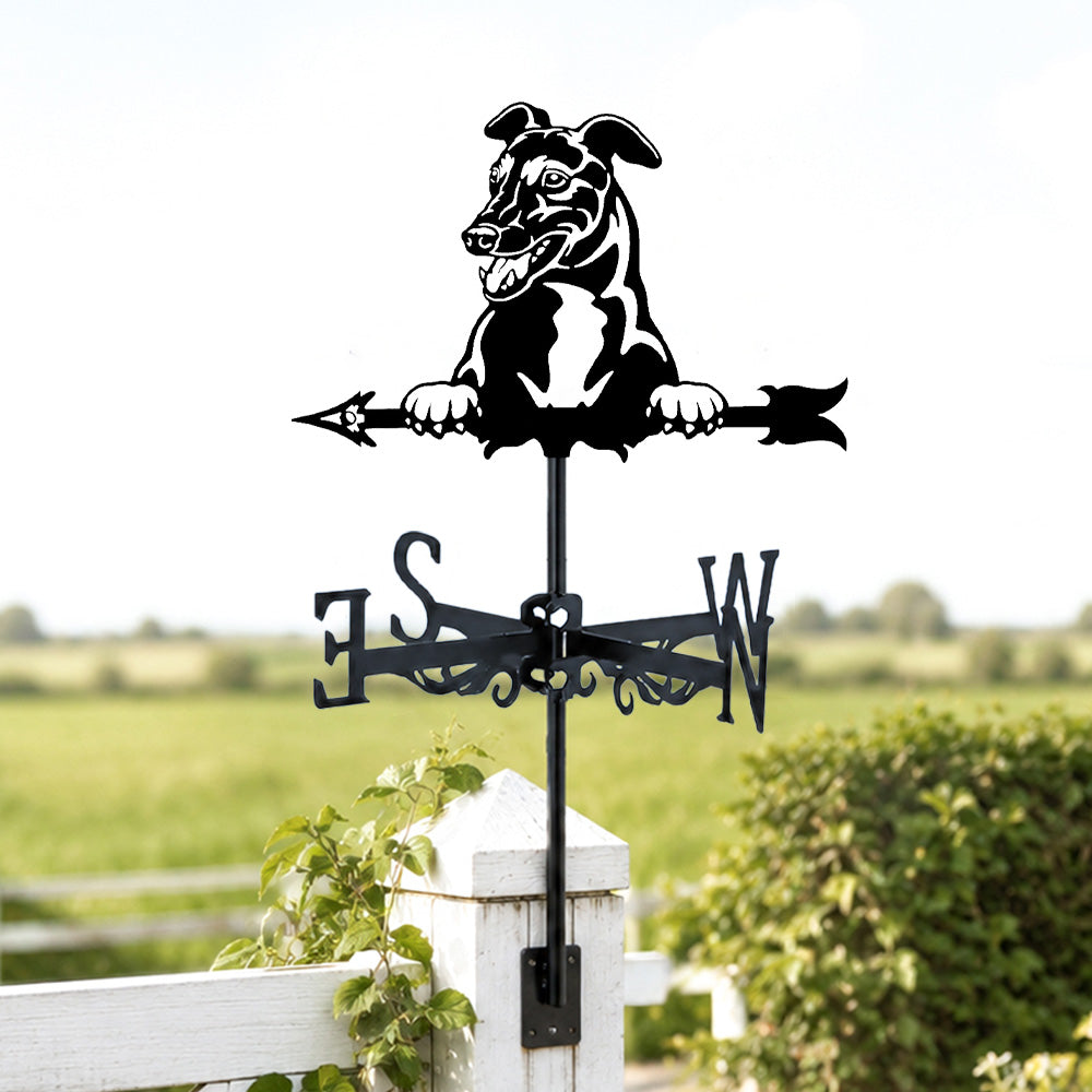Italian greyhound metal weather vane with directional arrows and mounting rod, outdoor roof and garden decoration