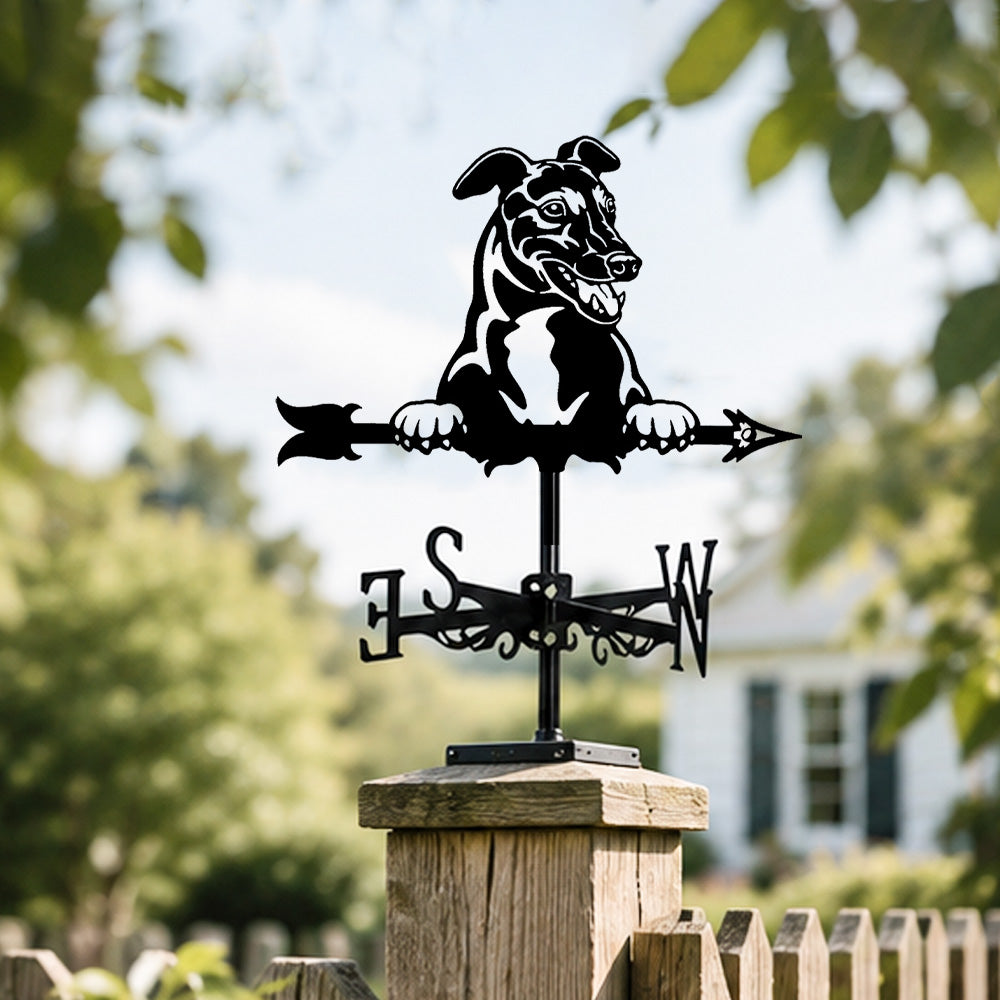 Italian Greyhound metal weather vane with directional arrows and mounting rod, outdoor roof and garden decoration