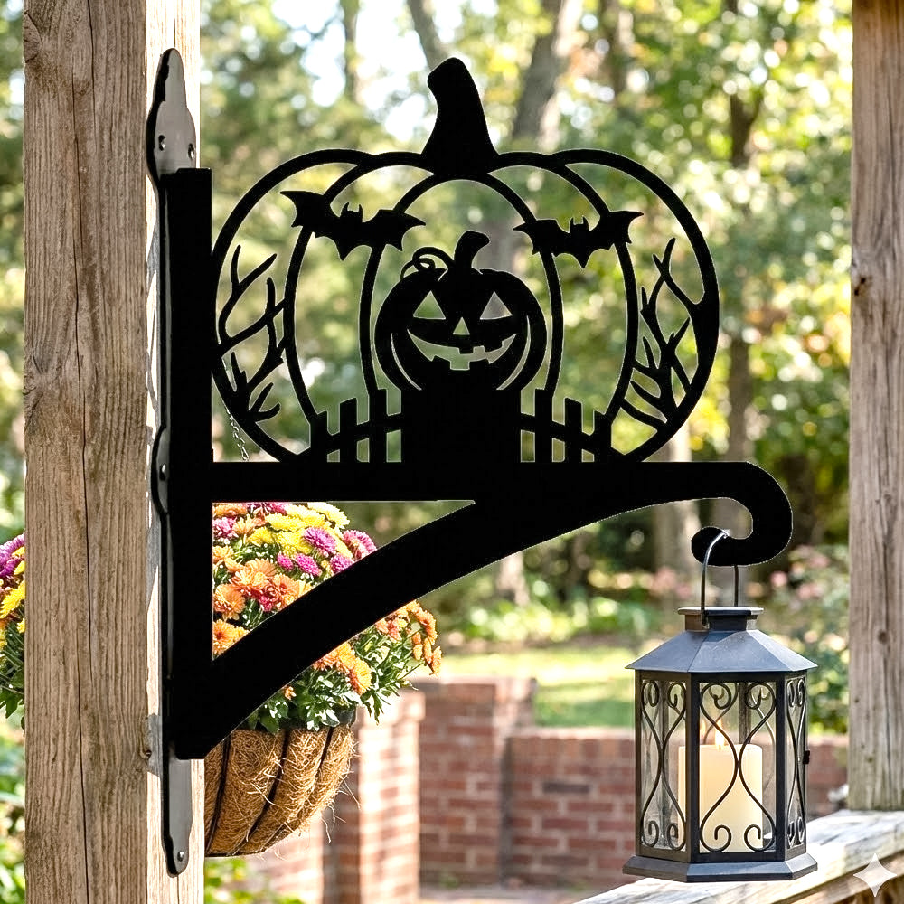 Jack-o’-lantern metal hanging basket bracket mounted on outdoor wall for plant decoration