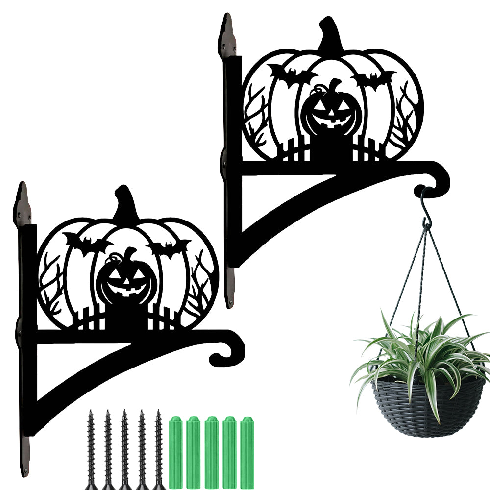 Jack-o’-lantern metal hanging basket bracket mounted on outdoor wall for plant decoration