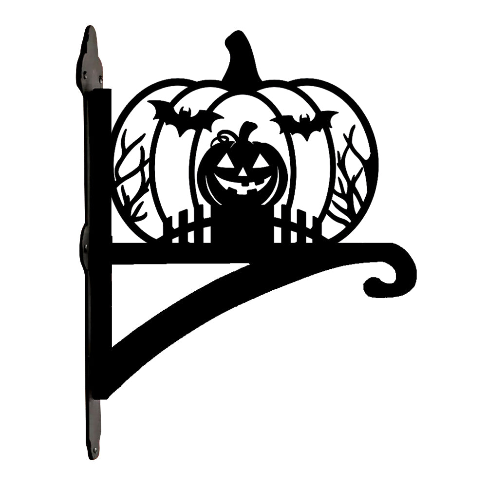 Jack-o’-lantern metal hanging basket bracket mounted on outdoor wall for plant decoration