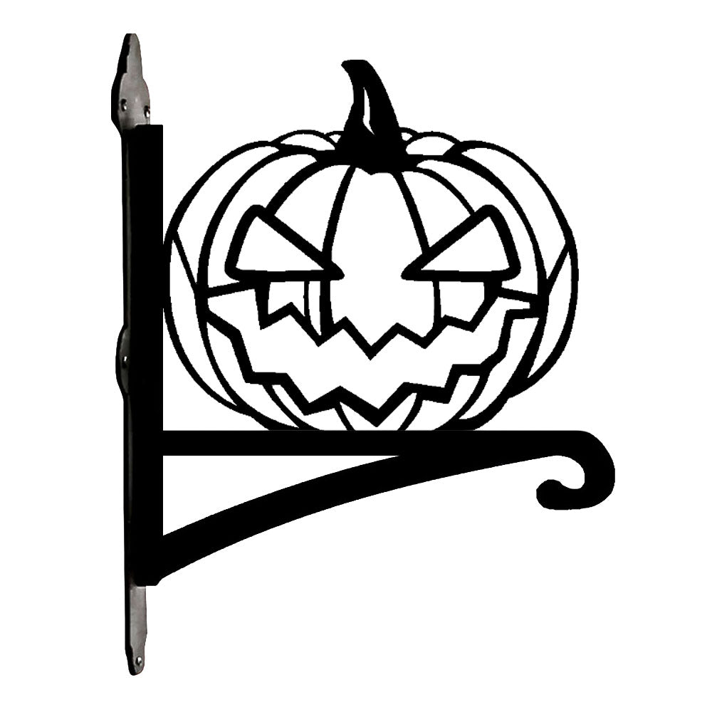 Jack-o’-lantern metal hanging basket bracket mounted on outdoor wall for plant decoration