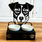 Personalized jack russell terrier metal dog bowl stand with custom name cutout and two removable feeding bowls