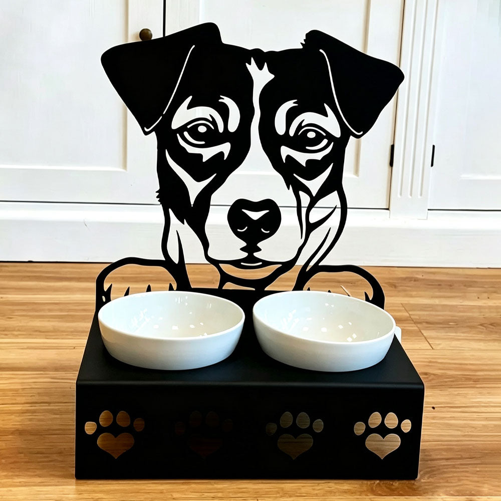 Personalized jack russell terrier metal dog bowl stand with custom name cutout and two removable feeding bowls