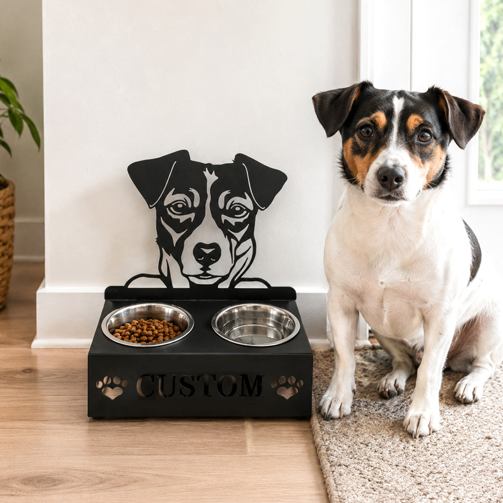 Personalized jack russell terrier metal dog bowl stand with custom name cutout and two removable feeding bowls