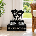 Personalized jack russell terrier metal dog bowl stand with custom name cutout and two removable feeding bowls