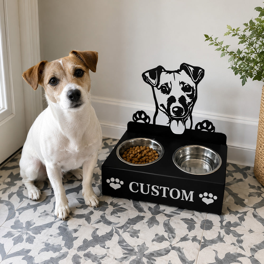 Personalized jack russell terrier metal dog bowl stand with custom name cutout and two removable feeding bowls