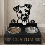 Personalized jack russell terrier metal dog bowl stand with custom name cutout and two removable feeding bowls