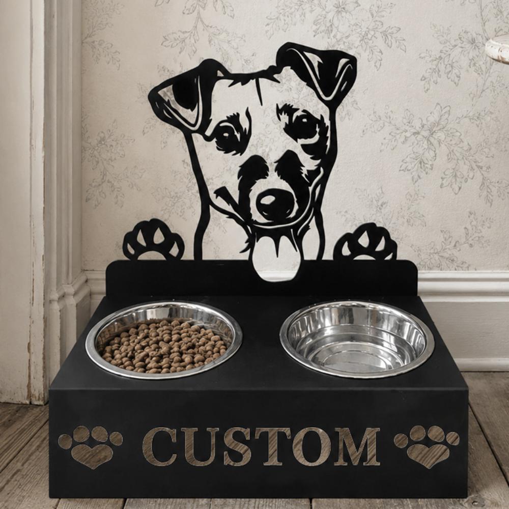 Personalized jack russell terrier metal dog bowl stand with custom name cutout and two removable feeding bowls