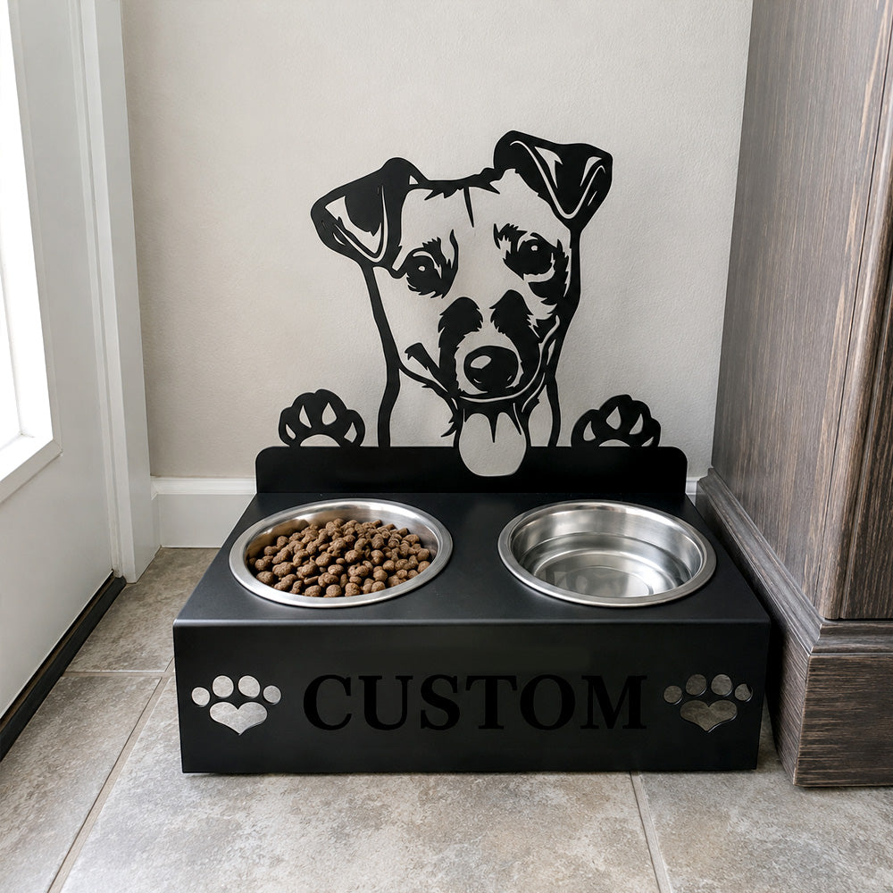 Personalized jack russell terrier metal dog bowl stand with custom name cutout and two removable feeding bowls