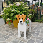 Jack Russell Terrier dog planter filled with fresh flowers is placed in the garden
