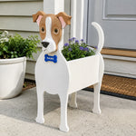 Jack Russell Terrier dog planter filled with fresh flowers is placed in the garden