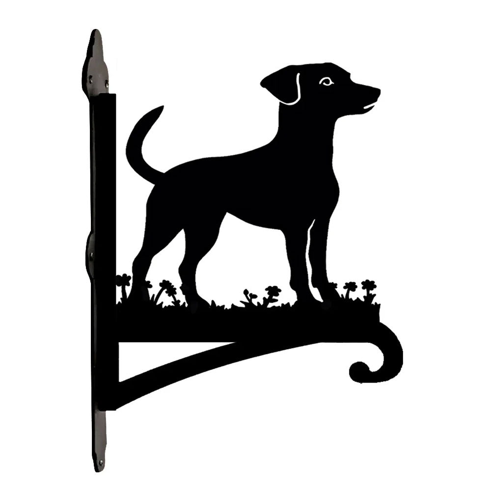Jack russell terrier metal hanging basket bracket mounted on outdoor wall for plant decoration