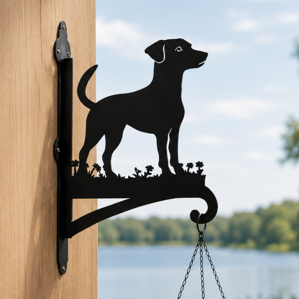 Jack russell terrier metal hanging basket bracket mounted on outdoor wall for plant decoration