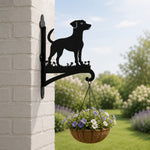Jack russell terrier metal hanging basket bracket mounted on outdoor wall for plant decoration