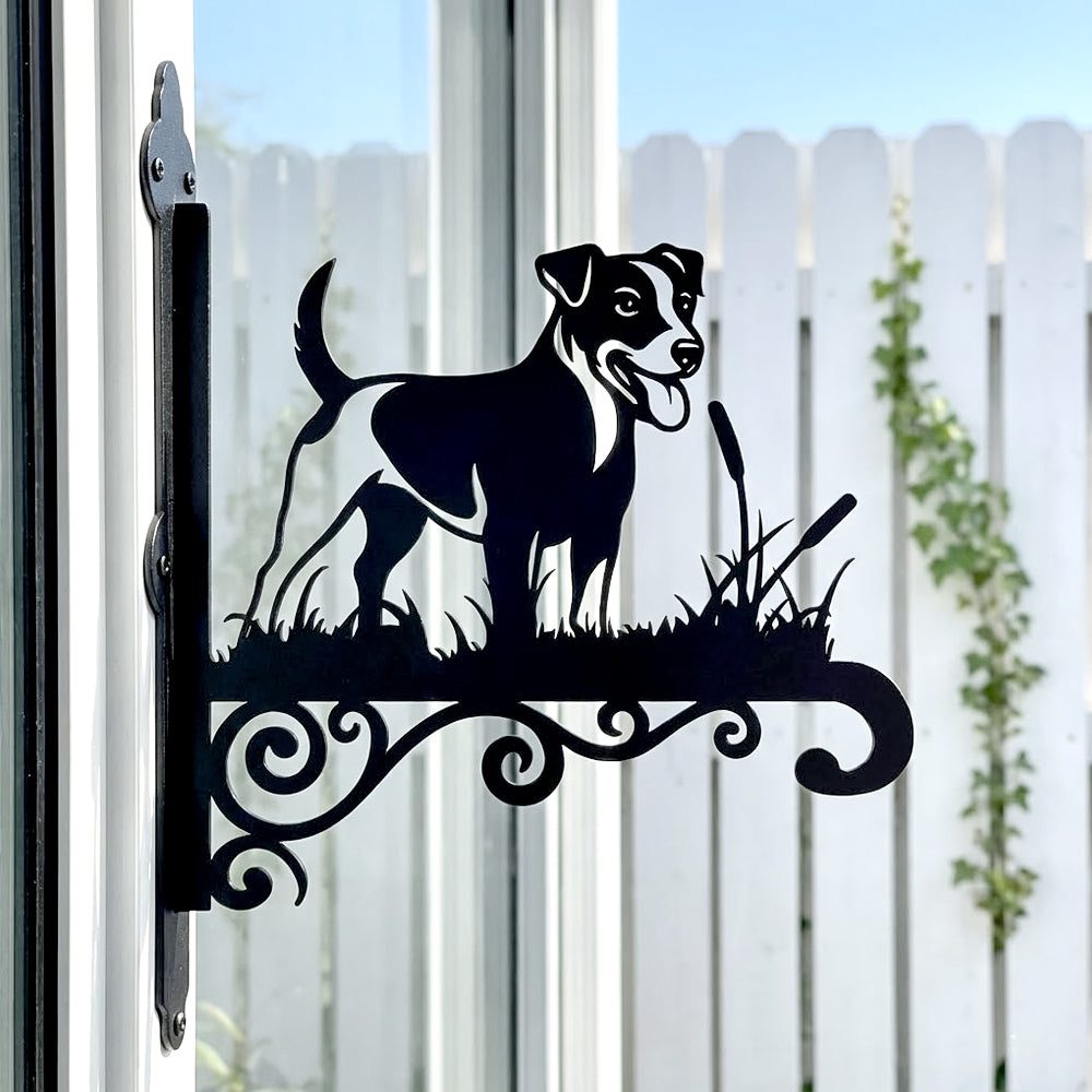 Jack russell terrier metal hanging basket bracket mounted on outdoor wall for plant decoration