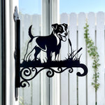 Jack russell terrier metal hanging basket bracket mounted on outdoor wall for plant decoration