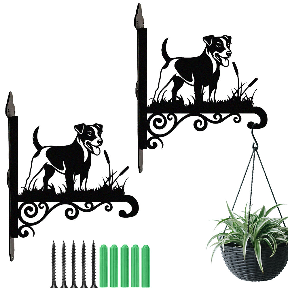 Jack russell terrier metal hanging basket bracket mounted on outdoor wall for plant decoration