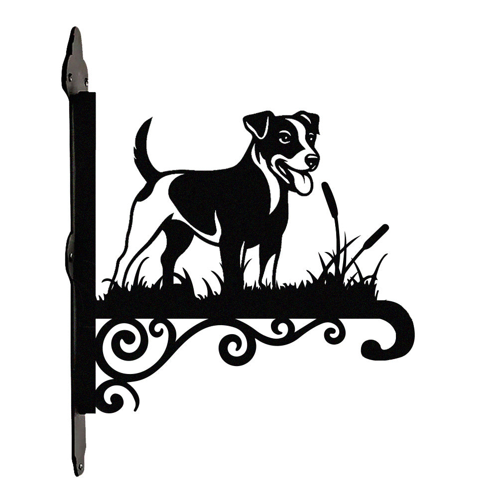 Jack russell terrier metal hanging basket bracket mounted on outdoor wall for plant decoration